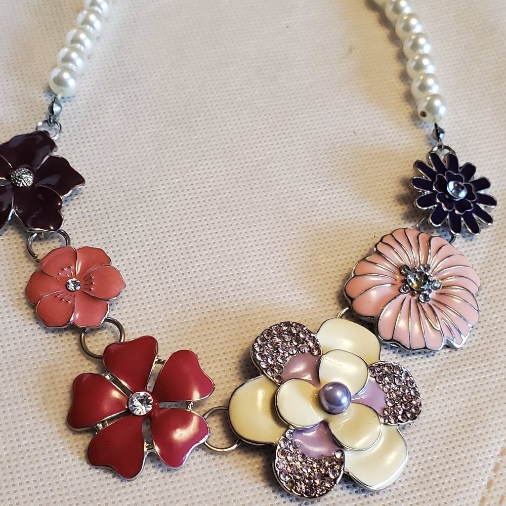 16" Flower Theme Collar Style Necklace Faux Pearl